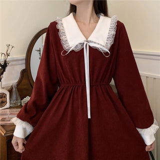Vintage Dress Women Sweet Lace Peter Pan Collar French Elegant Long Sleeve Lace-Up Fairy One Piece Dress Korean 2021 Autumn Chic ALODIA STORE