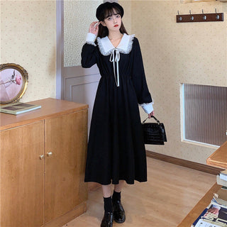 Vintage Dress Women Sweet Lace Peter Pan Collar French Elegant Long Sleeve Lace-Up Fairy One Piece Dress Korean 2021 Autumn Chic ALODIA STORE