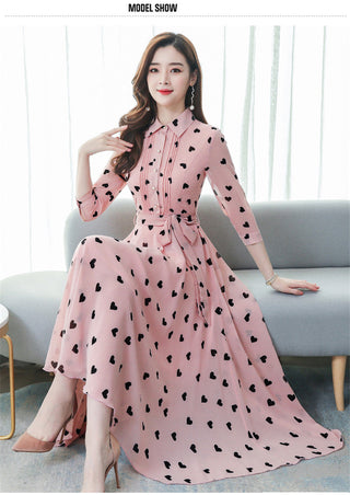 2023 Korean summer new stand-up collar seven-point sleeves temperament chiffon floral big swing dress women ALODIA STORE