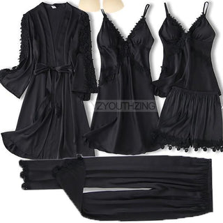 5PCS Robe Suit Satin Women Nightwear Lace Kimono Gown Bridal Wedding Bathrobe Set Sexy Pajamas V-Neck Sleepwear Lounge Lingerie ALODIA STORE