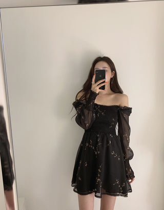 Sexy Black Dress Vintage Flower Long Puff Sleeve Chiffon Dresses ALODIA STORE