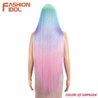 38 inch Straight Hair Synthetic Lace Front Wigs For Women High Temperature Fiber Ombre Blonde Highlight Cosplay Wig FASHION IDOL ALODIA STORE