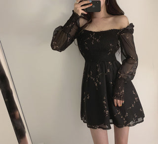 Sexy Black Dress Vintage Flower Long Puff Sleeve Chiffon Dresses ALODIA STORE
