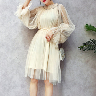 2022 Brand New Women Romantic Tulle Dress Stand Collar Beading Tassels Ruffles Long Sleeve Mesh Dress Cute Mid Dress Vestidos ALODIA STORE