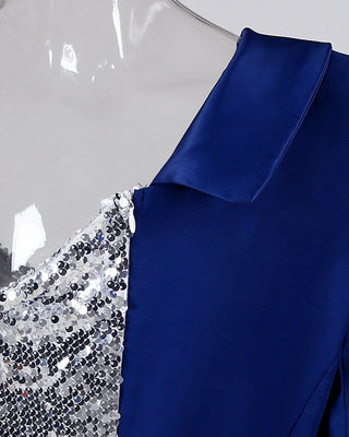 Red Pactwork Sequined Dress Asymetrical One Shoulder Long Sleeve Party Dresses Ladies Colorblock Blazer Dress ALODIA STORE