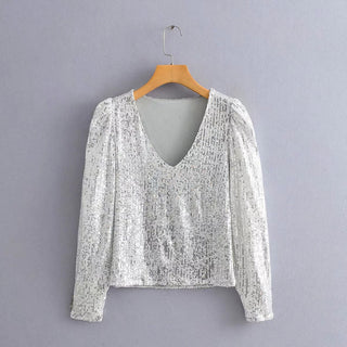 Elegant Women Sequined Tops 2021 Spring Fashion Ladies Vintage Silver Top Party Female Sexy V-Neck Tops Femme Girls Chic Clothes ALODIA STORE