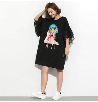 XITAO Splice Ribbon Cartoon Pattern Dress Women Puff Mesh Sleeve  Casual Party Black Dress Korean Style Summer DLL2106 ALODIA STORE