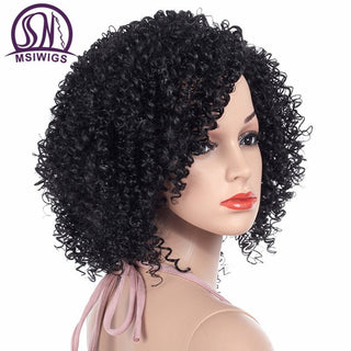 MSIWIGS 1b Black Afro Curly Wigs for Women Side Part Synthetic Short Hair Wig Heat Resistant America Hair ALODIA STORE
