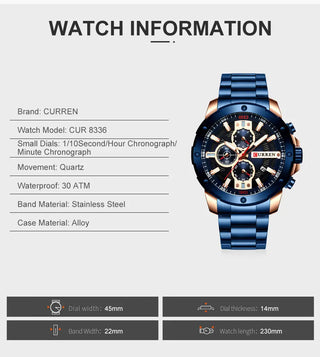 CURREN Men Watch Top Brand Stainless Steel Mens Watches Chronograph Quartz Watch Men Sports Clock Relogio Masculino Reloj Hombr ALODIA STORE