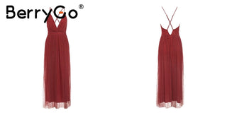 BerryGo Strap striped mesh lace split women dress Sexy deep v neck backless maxi dress Autumn winter long party dress vestidos ALODIA STORE