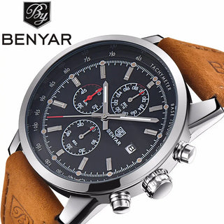 BENYAR Brand Sport Men Watch Top Brand Luxury Male Leather Waterproof Chronograph Quartz Military Wrist Watch Men Clock saat ALODIA STORE
