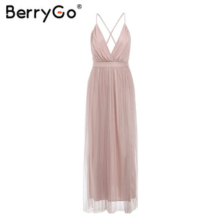 BerryGo Strap striped mesh lace split women dress Sexy deep v neck backless maxi dress Autumn winter long party dress vestidos ALODIA STORE
