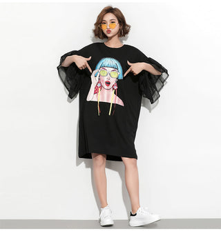 XITAO Splice Ribbon Cartoon Pattern Dress Women Puff Mesh Sleeve  Casual Party Black Dress Korean Style Summer DLL2106 ALODIA STORE