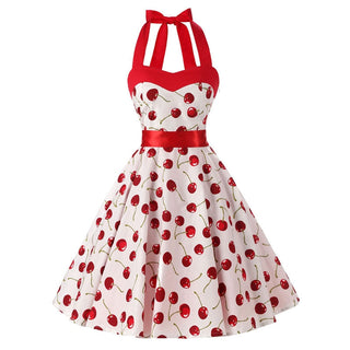 Women Red Cherry Party Dress Vintage 50s Rockabilly Hepburn Dress 2023 Elegant Summer Strapless Swing Retro Halter Pin up Dress ALODIA STORE