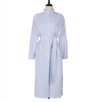Colorfaith DR1800 2023 Striped Cotton and Linen Shirt Dress Lace Up Women Spring Summer Elegant Korean Fashion Lady Long Dresses ALODIA STORE