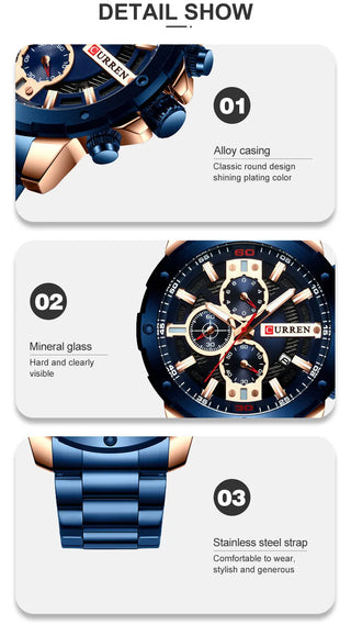CURREN Men Watch Top Brand Stainless Steel Mens Watches Chronograph Quartz Watch Men Sports Clock Relogio Masculino Reloj Hombr ALODIA STORE