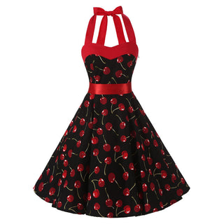 Women Red Cherry Party Dress Vintage 50s Rockabilly Hepburn Dress 2023 Elegant Summer Strapless Swing Retro Halter Pin up Dress ALODIA STORE