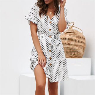 Aachoae Women Summer Beach Dress Casual Short Sleeve Polka Dot Dress Boho Mini Party Dress Elegant V Neck Sundress Vestidos ALODIA STORE
