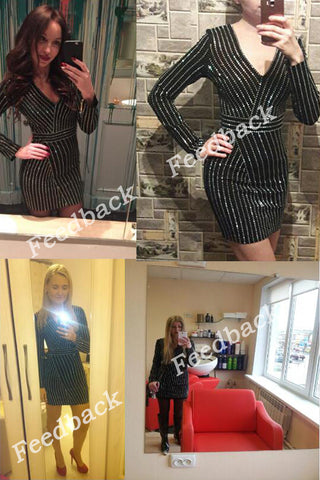 HAGEOFLY Women Bling Bling Long Sleeve Dress Black V-Neck Full Sleeve Women Casual Office Dress Party Dress Brazil Vestidos XXL ALODIA STORE