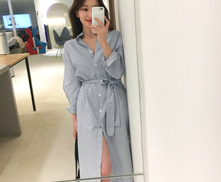 Colorfaith DR1800 2023 Striped Cotton and Linen Shirt Dress Lace Up Women Spring Summer Elegant Korean Fashion Lady Long Dresses ALODIA STORE