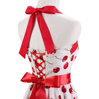 Women Red Cherry Party Dress Vintage 50s Rockabilly Hepburn Dress 2023 Elegant Summer Strapless Swing Retro Halter Pin up Dress ALODIA STORE