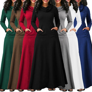 Women Warm Dress With Pocket Casual Solid Vintage Autumn Winter Maxi Dress Robe Bow Neck Long Elegant Dress Vestidos Female Body ALODIA STORE