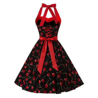 Women Red Cherry Party Dress Vintage 50s Rockabilly Hepburn Dress 2023 Elegant Summer Strapless Swing Retro Halter Pin up Dress ALODIA STORE