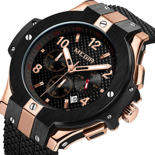 MEGIR Brand Men Watch Quartz Watch Gold Rubber Band 3ATM Water Resistant Chronograph Mens Quartz Wrist Watch ALODIA STORE