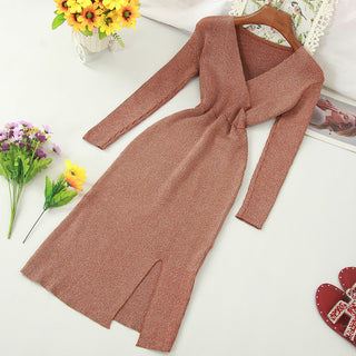 YuooMuoo Ins Fashion Shining V Neck Knitted Dress Women ALODIA STORE