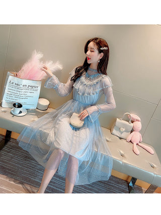 2022 Brand New Women Romantic Tulle Dress Stand Collar Beading Tassels Ruffles Long Sleeve Mesh Dress Cute Mid Dress Vestidos ALODIA STORE