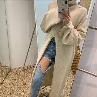 Turtleneck Knitting Dress for Woman Apricot Chic Full-sleeve Vintage ALODIA STORE