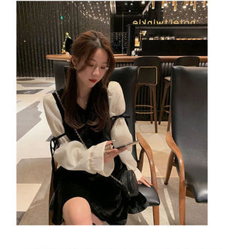 Vintage Mini Dress Lolita Women 2023 Autumn Lace Bow Velvet Evening Party Dress Female Y2k Casual Kawaii One Piece Dress Korean ALODIA STORE