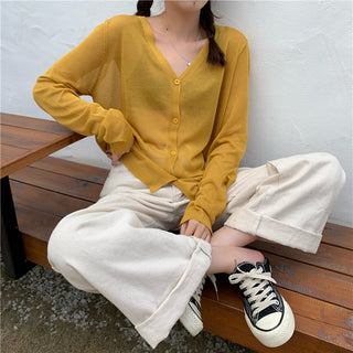 Cardigan Women Korean Long Sleeve Cardigan Summer Cropped Cardigan Knitted V-Neck Thin Ice Silk Sweaters Sunscreen Shirt Tops ALODIA STORE