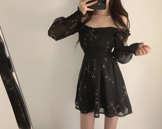 Sexy Black Dress Vintage Flower Long Puff Sleeve Chiffon Dresses ALODIA STORE