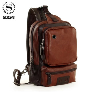 Scione Men Leather Backpacks Waterproof Chest Crossbody Bags Fashion Outdoor Business Casual Bag With Earphone Hole ALODIA STORE