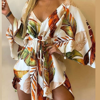 Casual Leaf Leopard Print Harajuku Batwing Sleeve Dress Lady Elegant Lace-Up Irregular Party Dress Sexy V-Neck Women Mini Dress ALODIA STORE