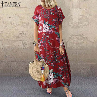 ZANZEA 2023 Fashion Summer Beach Dress Women's Printed Sundress Casual Short Sleeve Maxi Vestidos Female Floral Robe Oversized ALODIA STORE