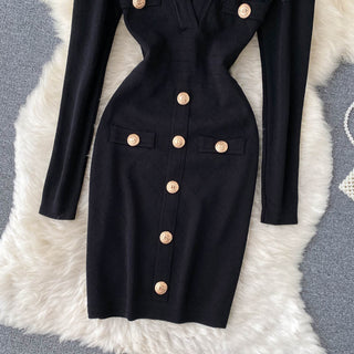 Women Knitted Pencil Dress Korean Long Sleeve V Neck Elastic Slim Dress ALODIA STORE