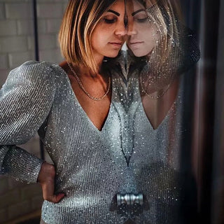 Elegant Women Sequined Tops 2021 Spring Fashion Ladies Vintage Silver Top Party Female Sexy V-Neck Tops Femme Girls Chic Clothes ALODIA STORE