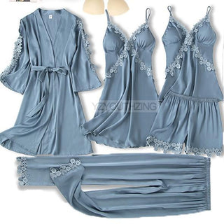 5PCS Robe Suit Satin Women Nightwear Lace Kimono Gown Bridal Wedding Bathrobe Set Sexy Pajamas V-Neck Sleepwear Lounge Lingerie ALODIA STORE