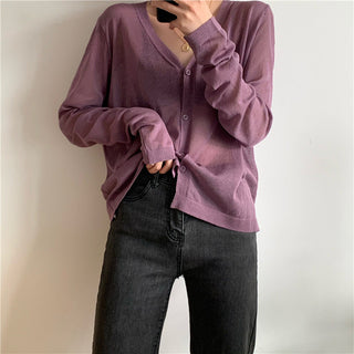 Cardigan Women Korean Long Sleeve Cardigan Summer Cropped Cardigan Knitted V-Neck Thin Ice Silk Sweaters Sunscreen Shirt Tops ALODIA STORE