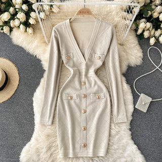 Women Knitted Pencil Dress Korean Long Sleeve V Neck Elastic Slim Dress ALODIA STORE