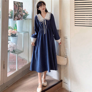 Vintage Dress Women Sweet Lace Peter Pan Collar French Elegant Long Sleeve Lace-Up Fairy One Piece Dress Korean 2021 Autumn Chic ALODIA STORE