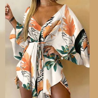 Casual Leaf Leopard Print Harajuku Batwing Sleeve Dress Lady Elegant Lace-Up Irregular Party Dress Sexy V-Neck Women Mini Dress ALODIA STORE