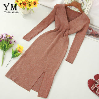 YuooMuoo Ins Fashion Shining V Neck Knitted Dress Women ALODIA STORE