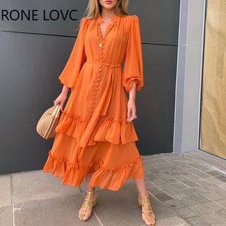 Women Ruffles Frill Hem Lantern Sleeve Button Front Dress Casual Dress Summer Dress ALODIA STORE