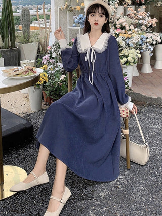 Vintage Dress Women Sweet Lace Peter Pan Collar French Elegant Long Sleeve Lace-Up Fairy One Piece Dress Korean 2021 Autumn Chic ALODIA STORE