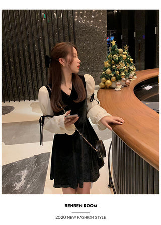 Vintage Mini Dress Lolita Women 2023 Autumn Lace Bow Velvet Evening Party Dress Female Y2k Casual Kawaii One Piece Dress Korean ALODIA STORE