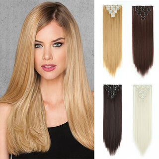 24Inchs 16 Clips in Hair Extensions Long Straight Hairstyle Synthetic Blonde Black Hairpieces Heat Resistant False Hair ALODIA STORE