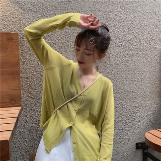 Cardigan Women Korean Long Sleeve Cardigan Summer Cropped Cardigan Knitted V-Neck Thin Ice Silk Sweaters Sunscreen Shirt Tops ALODIA STORE